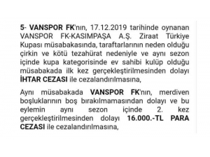 Pfdk’dan Van Spor Fk’ye 16 Bin Lira Ceza
