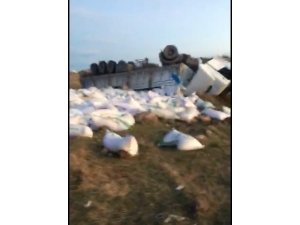 Yem Yüklü Tır Devrildi, Yol Kapandı