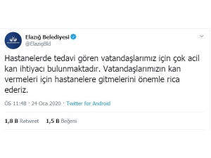 Elazığ Belediyesi’nden Acil Kan Çağrısı