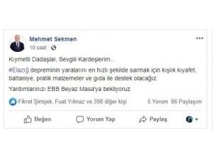 Başkan Sekmen’den Depremzedelere Yardım Çağrısı