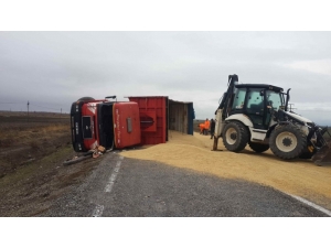 Beyşehir’de Devrilen Kamyondaki Arpalar Yola Saçıldı