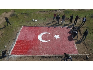 Sınırdaki Tepeye Dev Türk Bayrağı Yapıldı