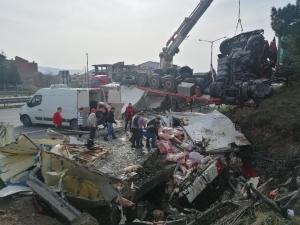 Tem’de Devrilen Tırdaki Yüzlerce Kiloluk Et Yola Saçıldı: 2 Yaralı