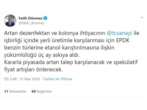 Bakan Dönmez: “Epdk Benzin Türlerine Etanol Karıştırılmasına İlişkin Yükümlülüğü 3 Ay Askıya Aldı”