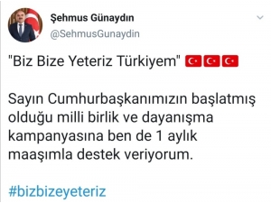 Şehmus Günaydın’dan Milli Dayanışma Kampanyası’na Destek