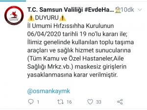 Samsun’da Hastanelere Maskesiz Girmek Yasaklandı