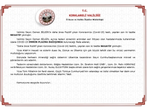 Kırklareli Valisi Korona Virüsü Yendi