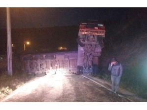 Erdek’te Odun Yüklü Tır Devrildi