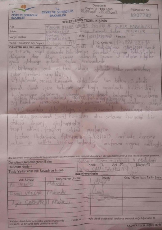 Türkiye Şeker Fabrikası’ndan ’Balık Ölümleri’ Açıklaması