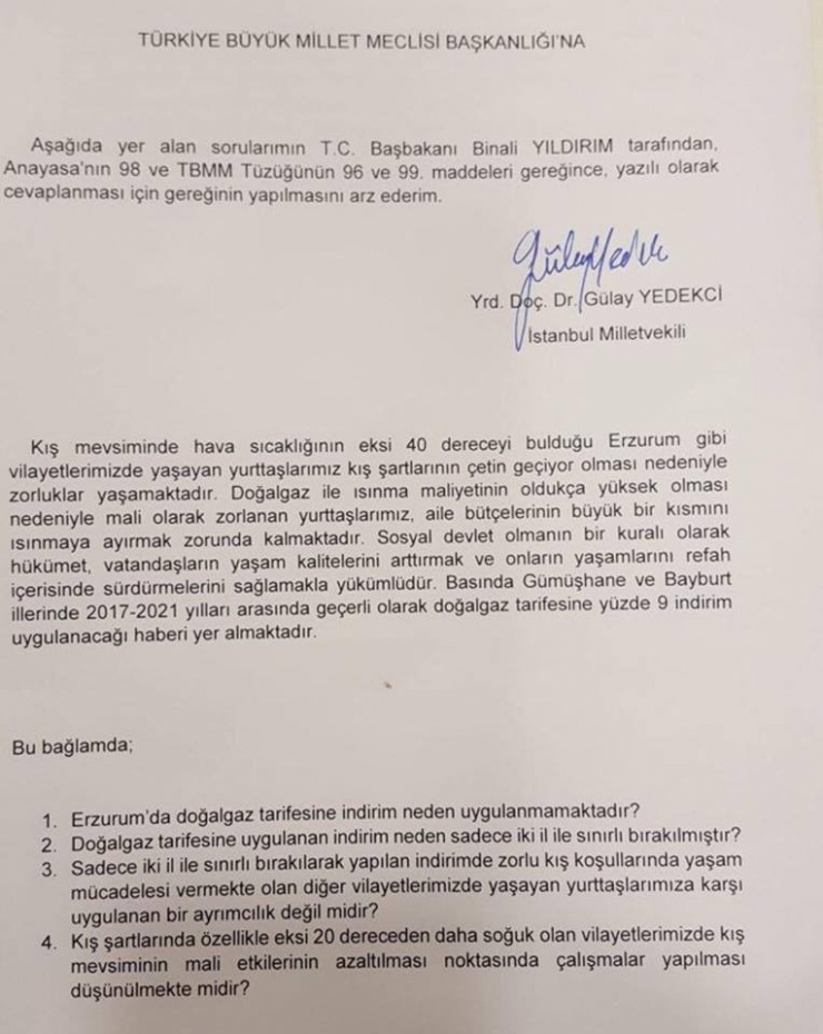 Doğalgaz İndirimi, Çat Belediye Başkanı Arif Hikmet Kılıç’ın Girişimleriyle Tbmm’nin Gündeminde