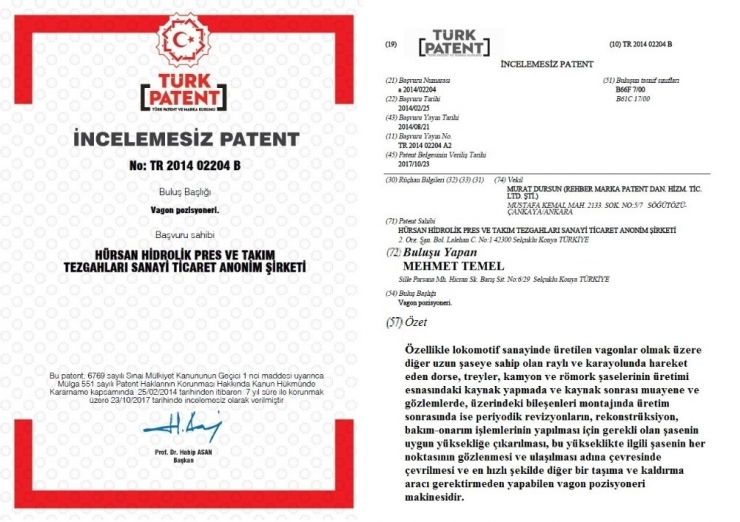 Vagon Pozisyoneri Makinesi Tescillendi