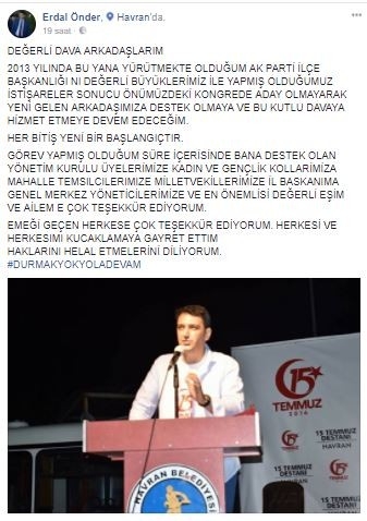 Ak Parti Havran İlçe Başkanı Erdal Önder’den Veda Mesajı