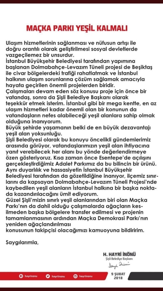 Hayri İnönü’den Kafa Karıştıran Maçka Parkı Açıklaması
