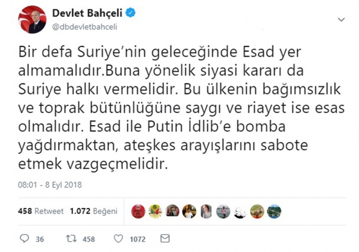 Bahçeli: "Suriye’nin Geleceğinde Esad Yer Almamalıdır"