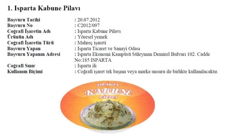 Isparta Kabune Pilavına Coğrafi İşaret Tescil Belgesi