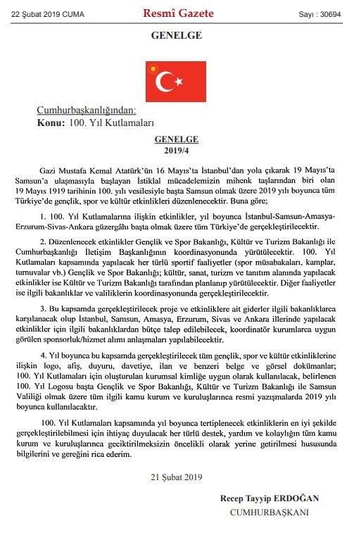 Cumhurbaşkanlığından 19 Mayıs’ın 100. Yılı Kutlamaları Genelgesi
