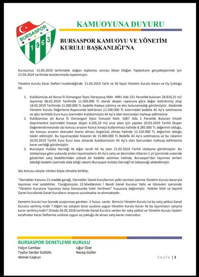 Bursaspor’un Arazileri Başkan Ali Ay’a Devredildi