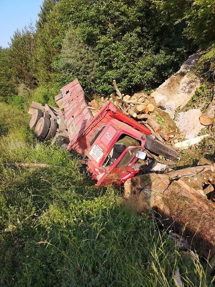 Tomruk Yüklü Kamyon Uçuruma Yuvarlandı: 2 Yaralı
