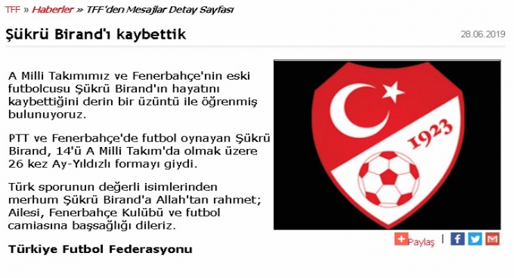 Eski Futbolcu Şükrü Birand Vefat Etti