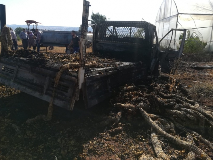 Selendi’de Kuru Tütün Yüklü Kamyonet Yandı