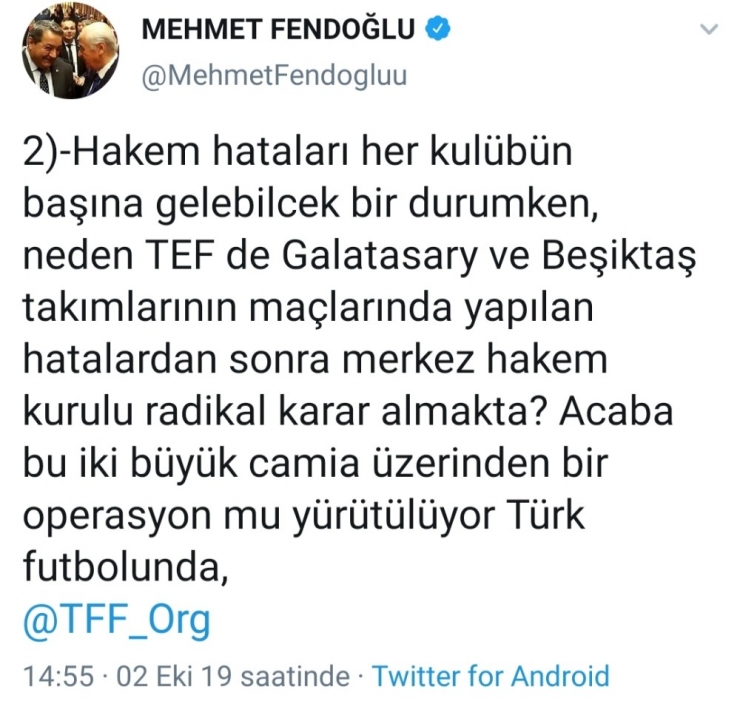 Milletvekili Fendoğlu’ndan Hakem Suat Arslanboğa’ya Destek