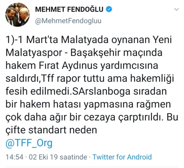 Milletvekili Fendoğlu’ndan Hakem Suat Arslanboğa’ya Destek