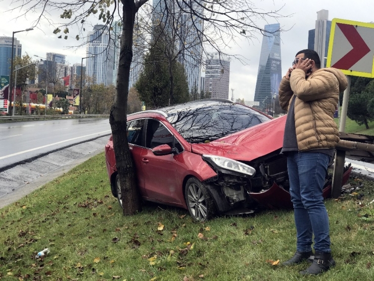 Tem Otoyolu’nda Kayan Otomobil Refüje Çıktı, Genç Sürücü Ölümden Döndü