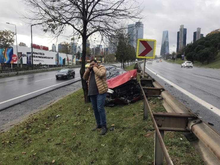 Tem Otoyolu’nda Kayan Otomobil Refüje Çıktı, Genç Sürücü Ölümden Döndü