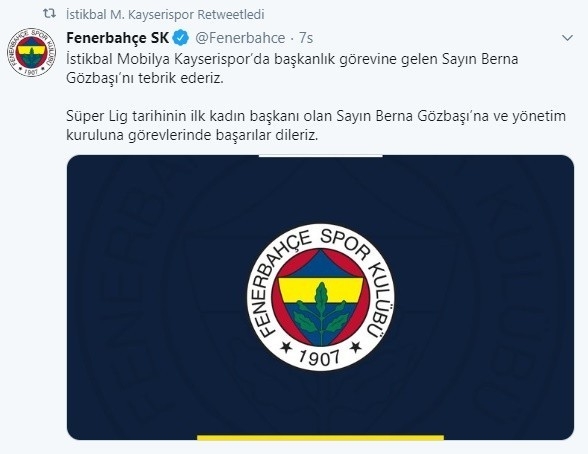 Kayserispor Kulüp Başkanı Berna Gözbaşı’ya Tebrik Yağıyor