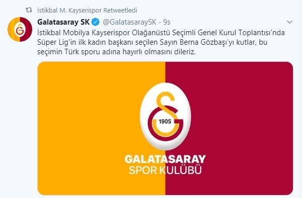Kayserispor Kulüp Başkanı Berna Gözbaşı’ya Tebrik Yağıyor