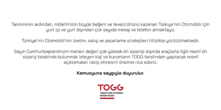 Togg’dan Ön Sipariş Açıklaması