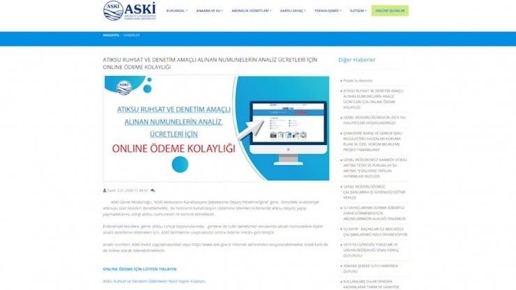 Aski’den Atık Su Analizlerine Online Ödeme