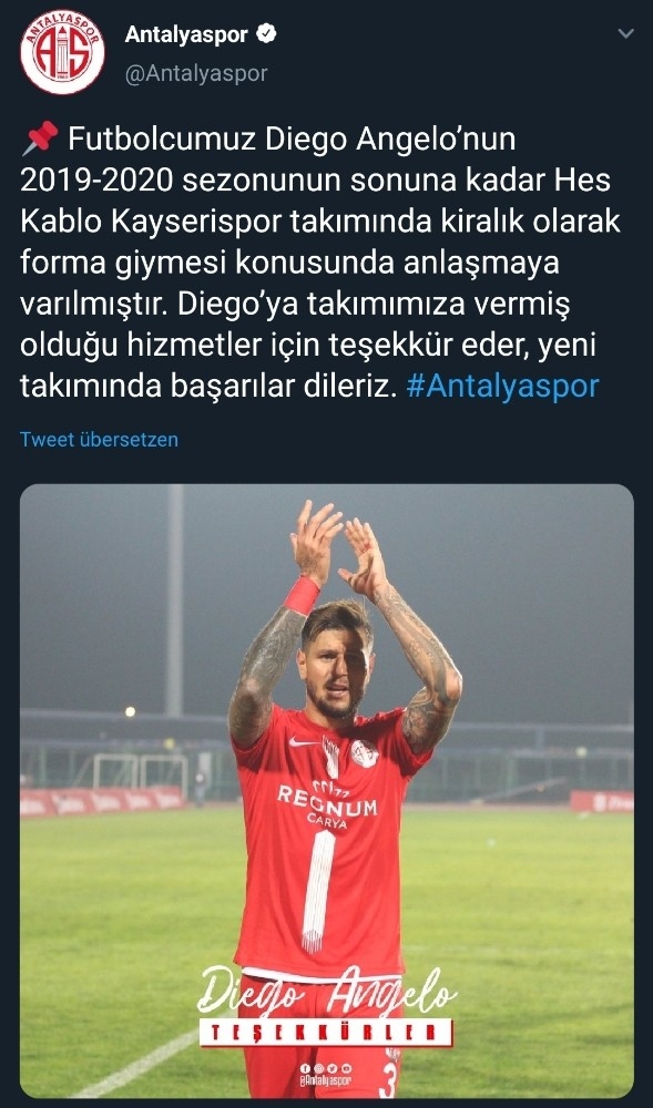 Antalyaspor, Diego Angelo’yu Kayserispor’a Kiraladı