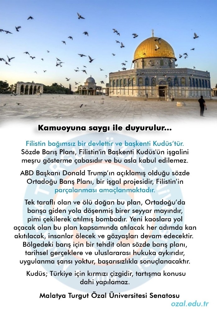 Turgut Özal Üniversitesi Senatosu’ndan "Bayrak Ve Kudüs" Kararları