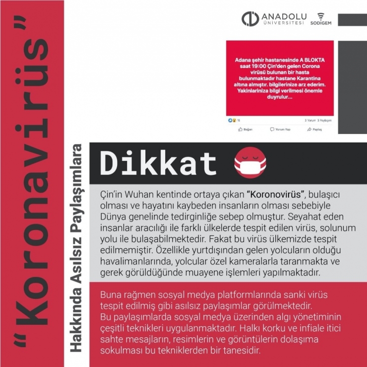“Korona Virüs” Hakkında Sosyal Medyada Yapılan Asılsız Paylaşımlara Dikkat