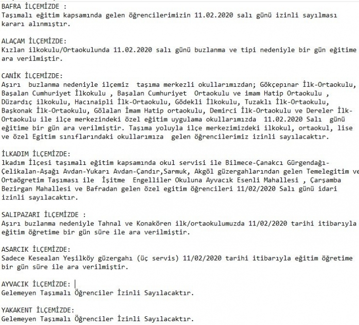 Samsun’da 9 İlçede Bazı Okullarda Taşımalı Eğitime Bir Günlük Ara Verildi