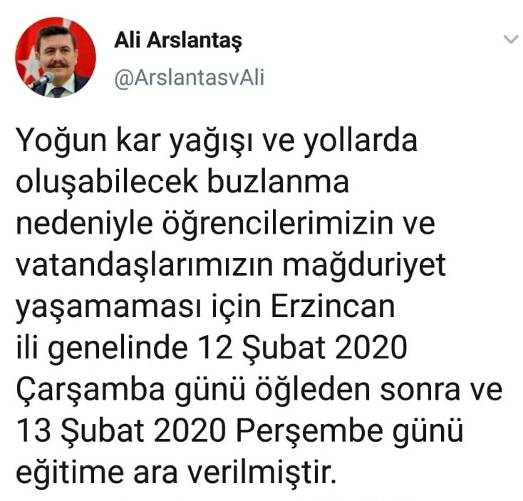 Erzincan Genelinde Kar Tatili