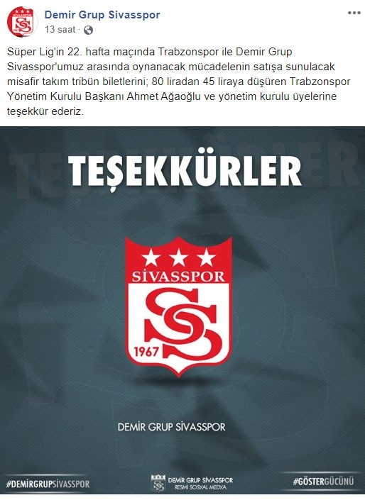 Sivasspor’dan Trabzonspor’a Teşekkür