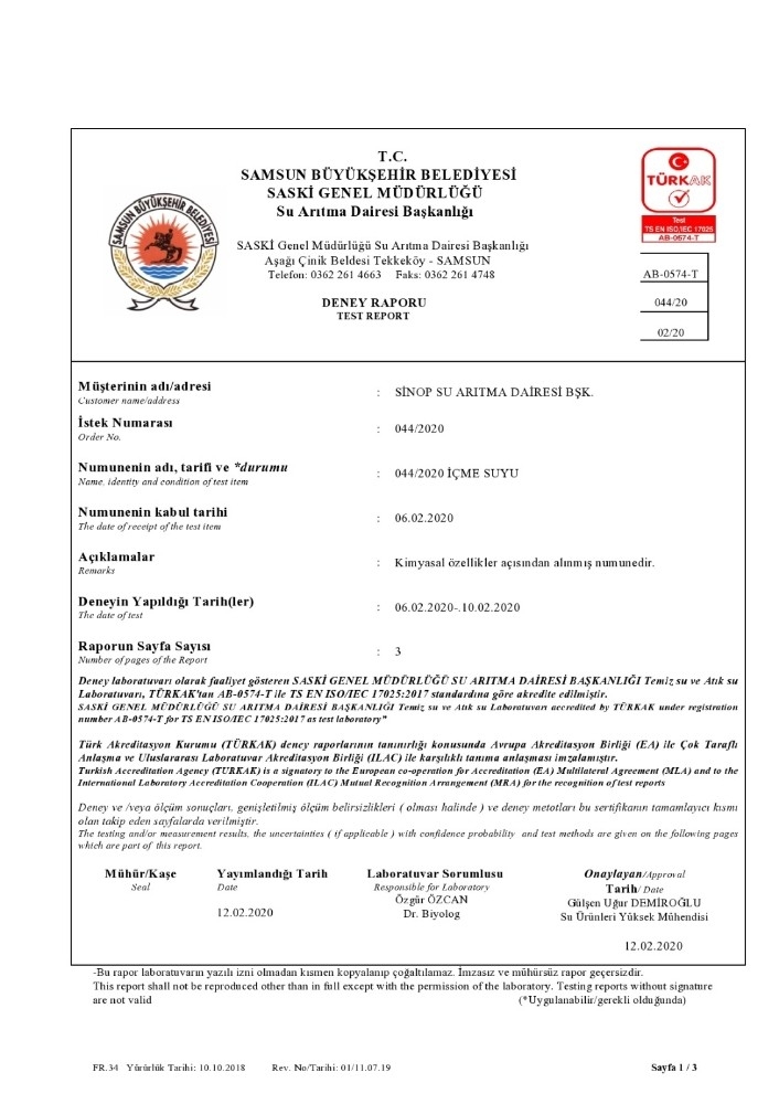 Sinop’un İçme Suyu Temiz