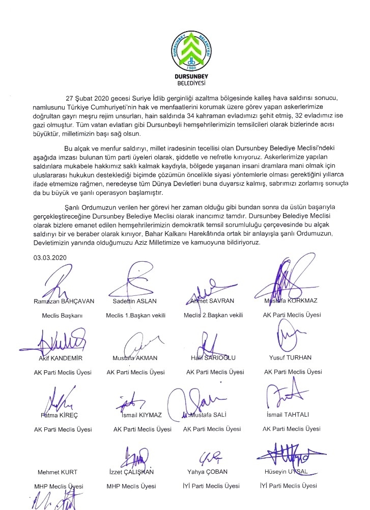 Dursunbey Belediye Meclisinde İdlib Şehitleri Unutulmadı