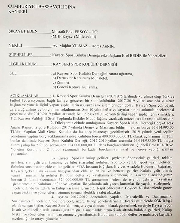 Mhp Milletvekili Baki Ersoy, Kayserispor’u Mahkemeye Verdi