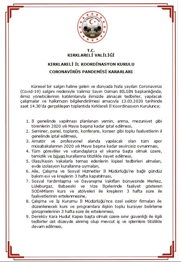 Kırklareli Valiliği’nden Korona Virüs Kararları
