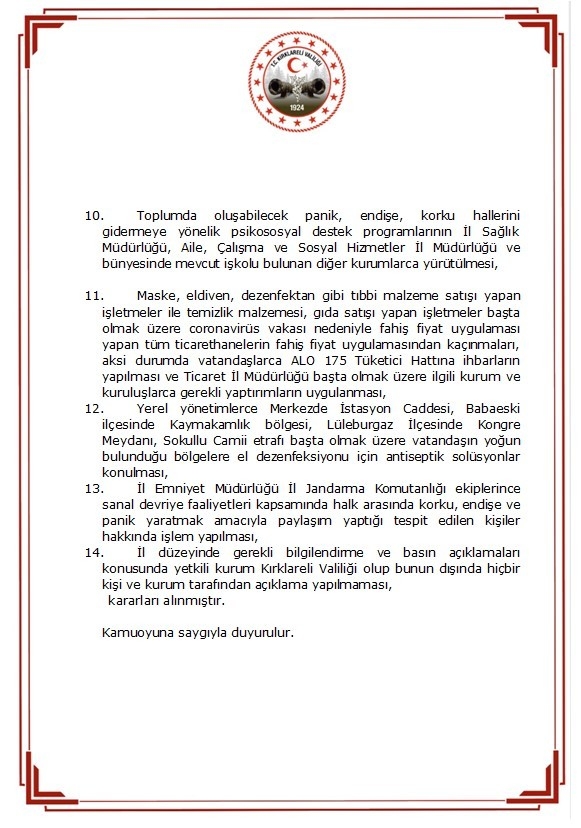 Kırklareli Valiliği’nden Korona Virüs Kararları