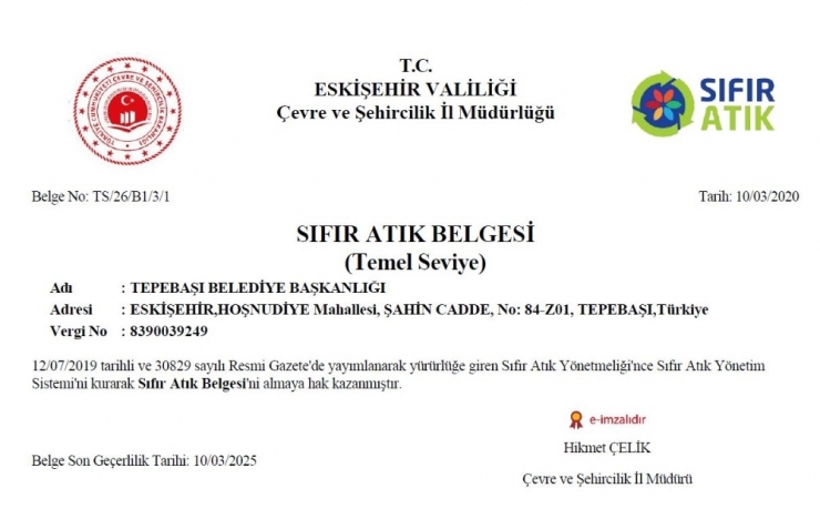 İlk Sıfır Atık Belgesi Tepebaşı’nın Oldu