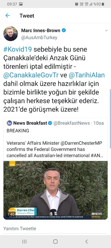 Anzak Günü Anma Törenleri İptal Edildi