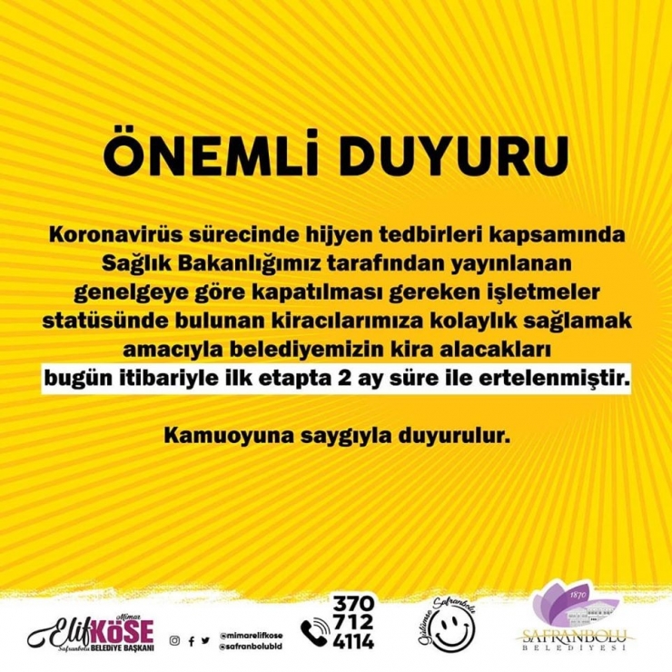 Safranbolu Belediyesi Kira Alımlarını 2 Ay Süre İle Erteledi