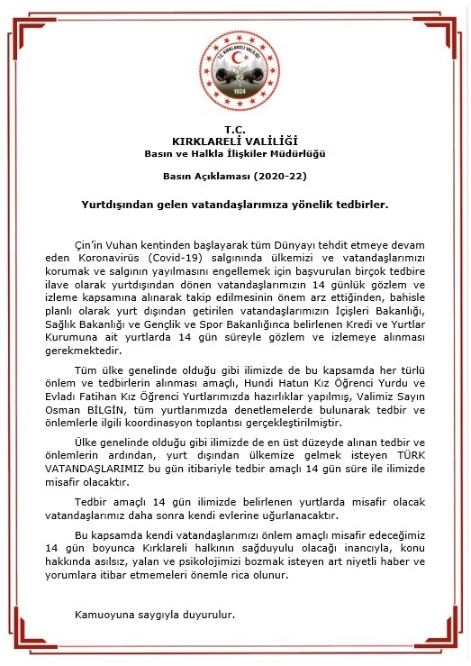 Türk Vatandaşları Kırklareli’ndeki Yurtlara Bugünden İtibaren Yerleştirilecek