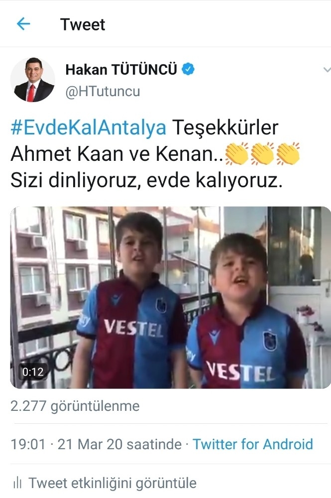 Tütüncü, ‘Evde Kal Antalya’ Paylaşımıyla Twitter’da Tt Oldu