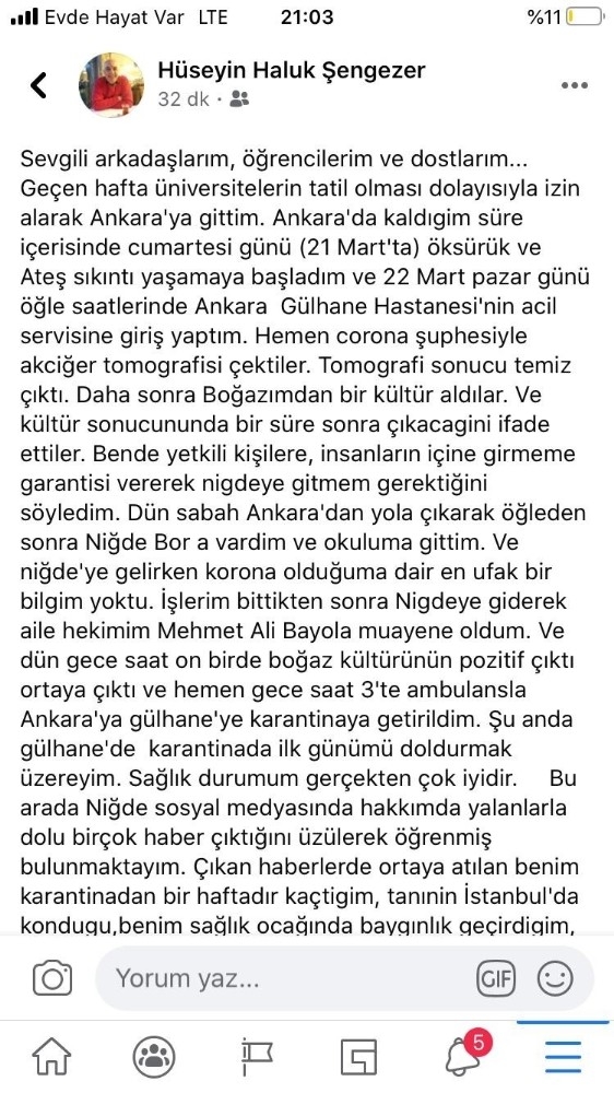 Niğde’de Korona Testi Pozitif Çıkan Öğretim Üyesinden Sosyal Medyaya Sitem