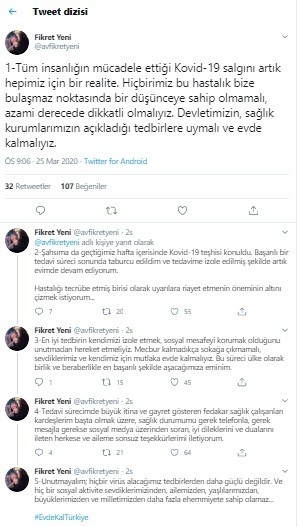 Eski Ak Parti İl Başkanı Fikret Yeni, Korona Virüsü Yendi